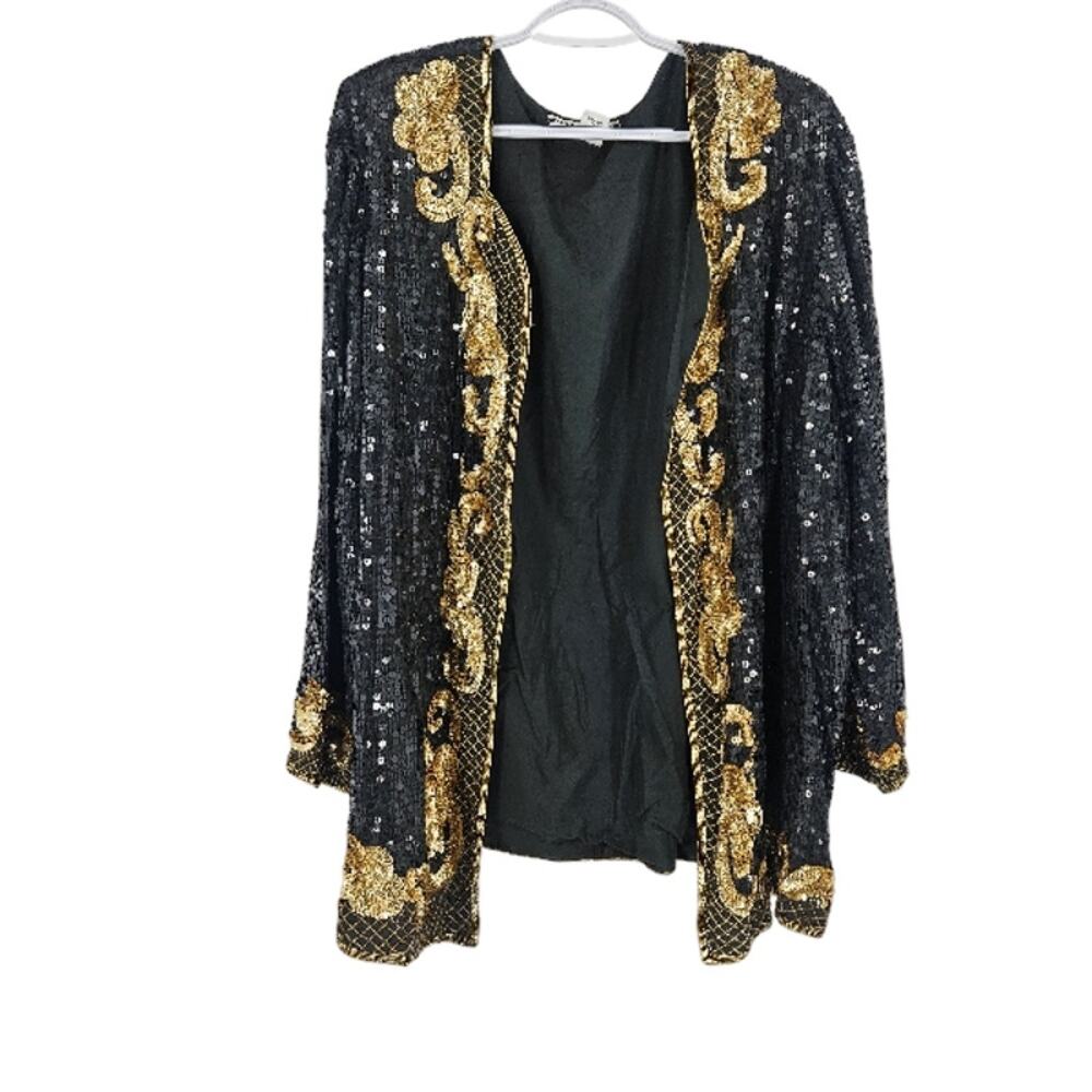 Vintage Midnight Run Jacket Black Gold Silk Sequin Beaded Cocktail Party Size S